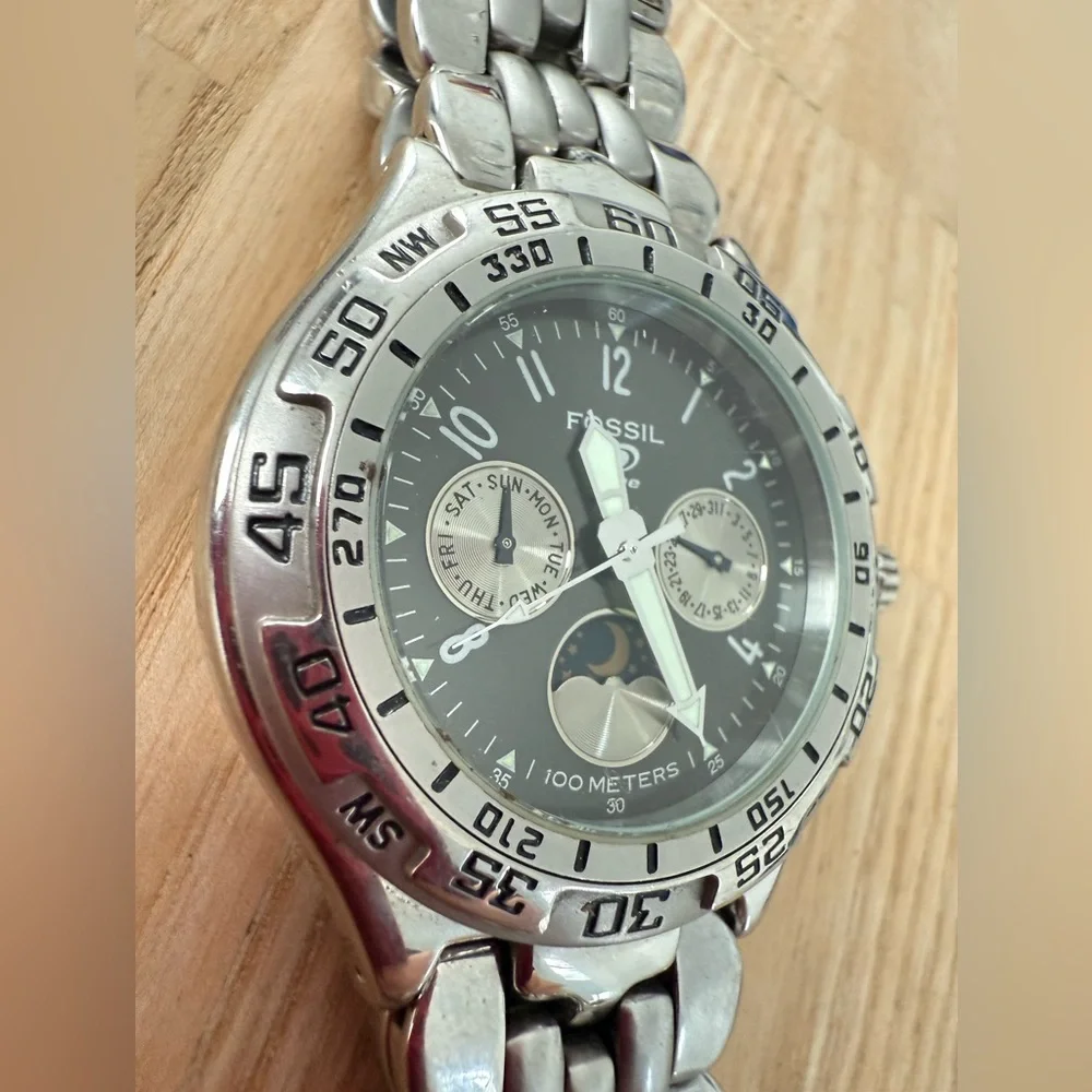 Fossil Blue mens gray and stainless steel moon phase sport watch NEW BATTERY